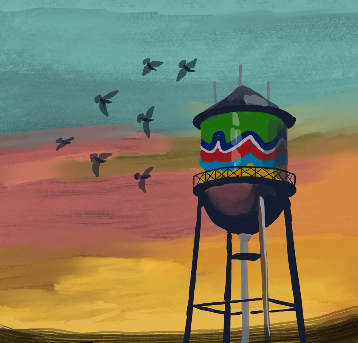 A whimsical exterior scene featuring a colorful water tower set against a striking sunset sky, with silhouetted birds flying by. The environment suggests a reflective, relaxing atmosphere at dusk—ideal for couples enjoying a romantic walk or taking in the city lights together.